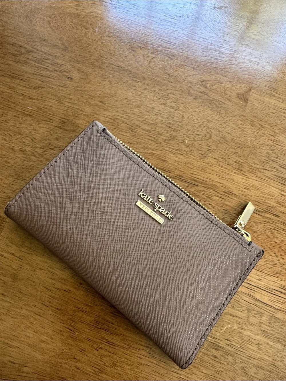 kate spade taupe brown zip card holder with gold hardware